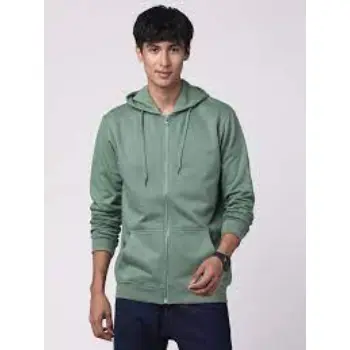 Mens Solid Cotton Green Zipper Hoodies